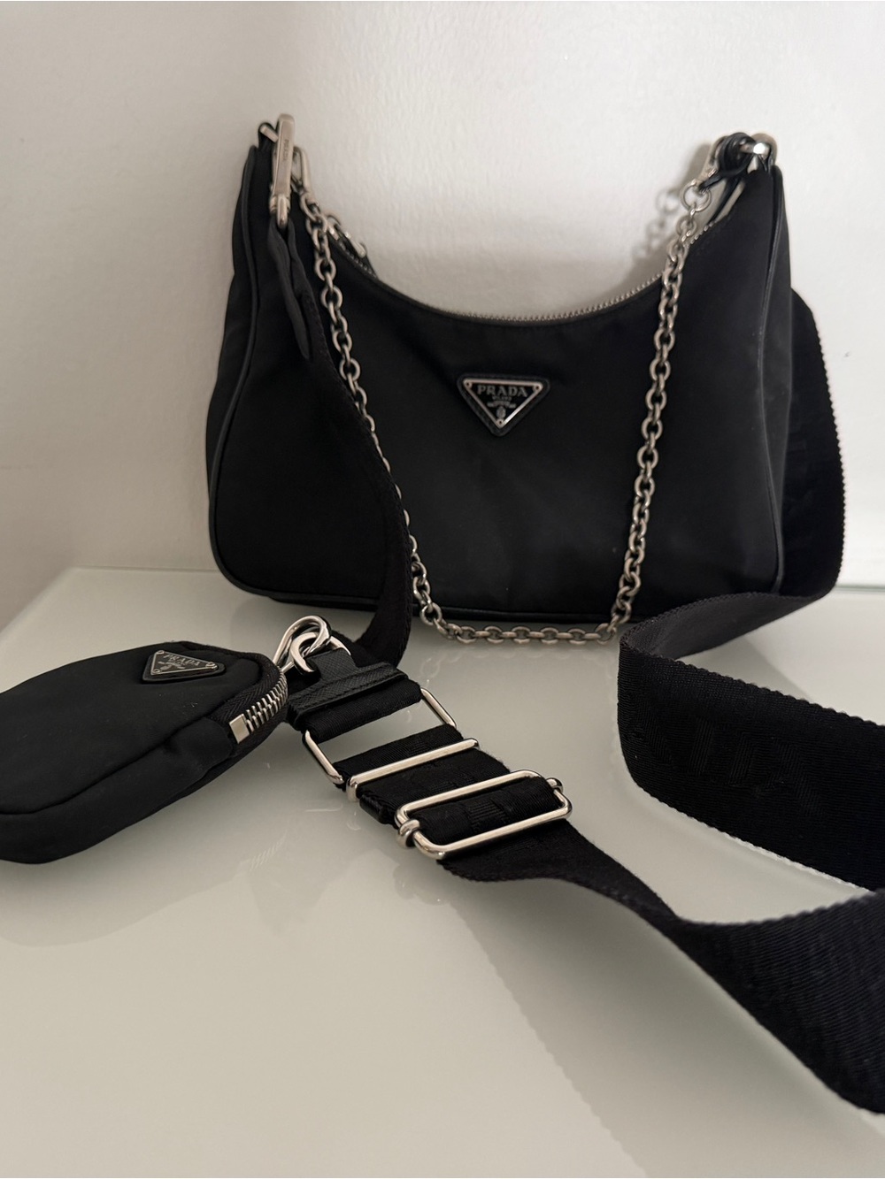 Prada Black Leather Crossbody with Silver-Tone Chain - Picture 4 of 6